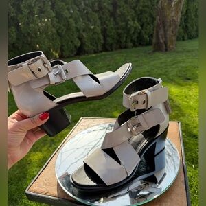 Rag & Bone Leather Ankle Strap Sandals Chunky Heel Light Grey